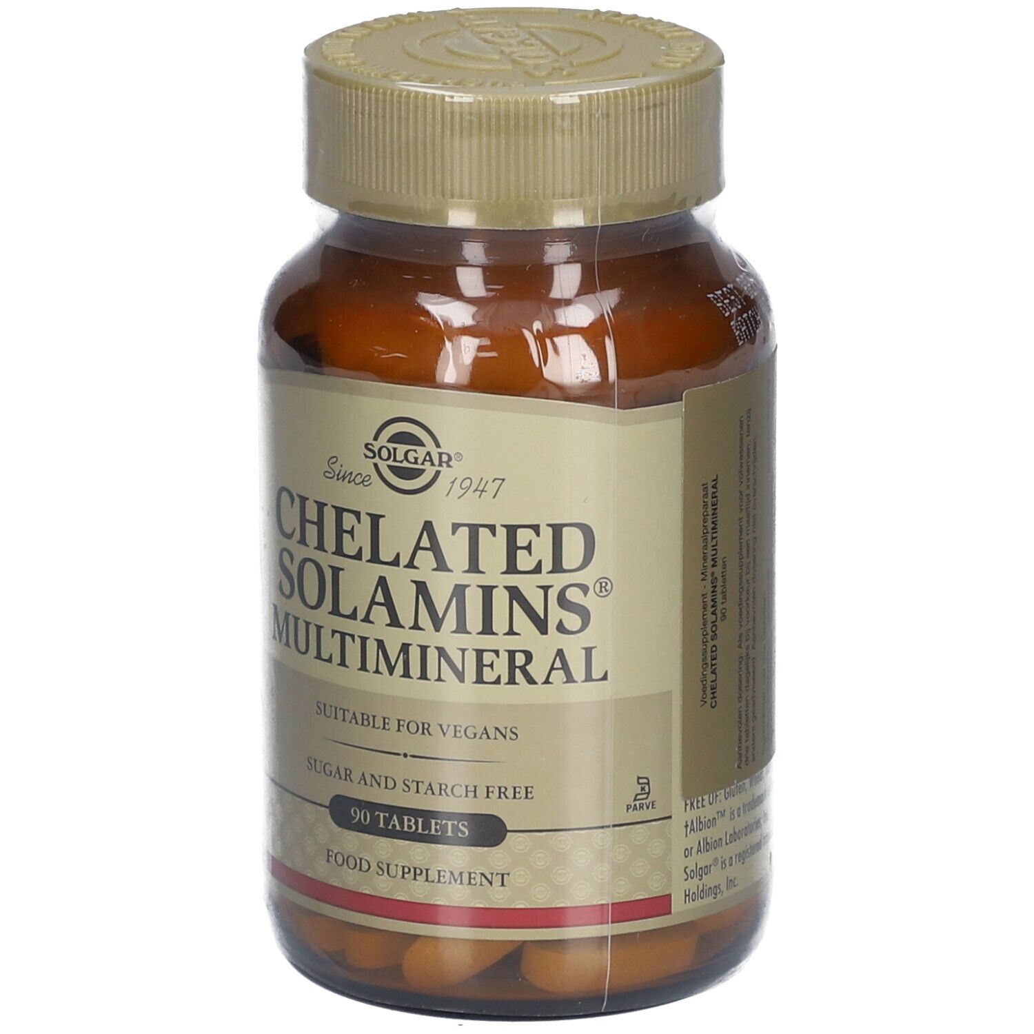 Bruine glazen fles Solgar Chelated Solamins Multimineral. Opschrift: 90 tabletten, geschikt voor veganisten. Close-up.