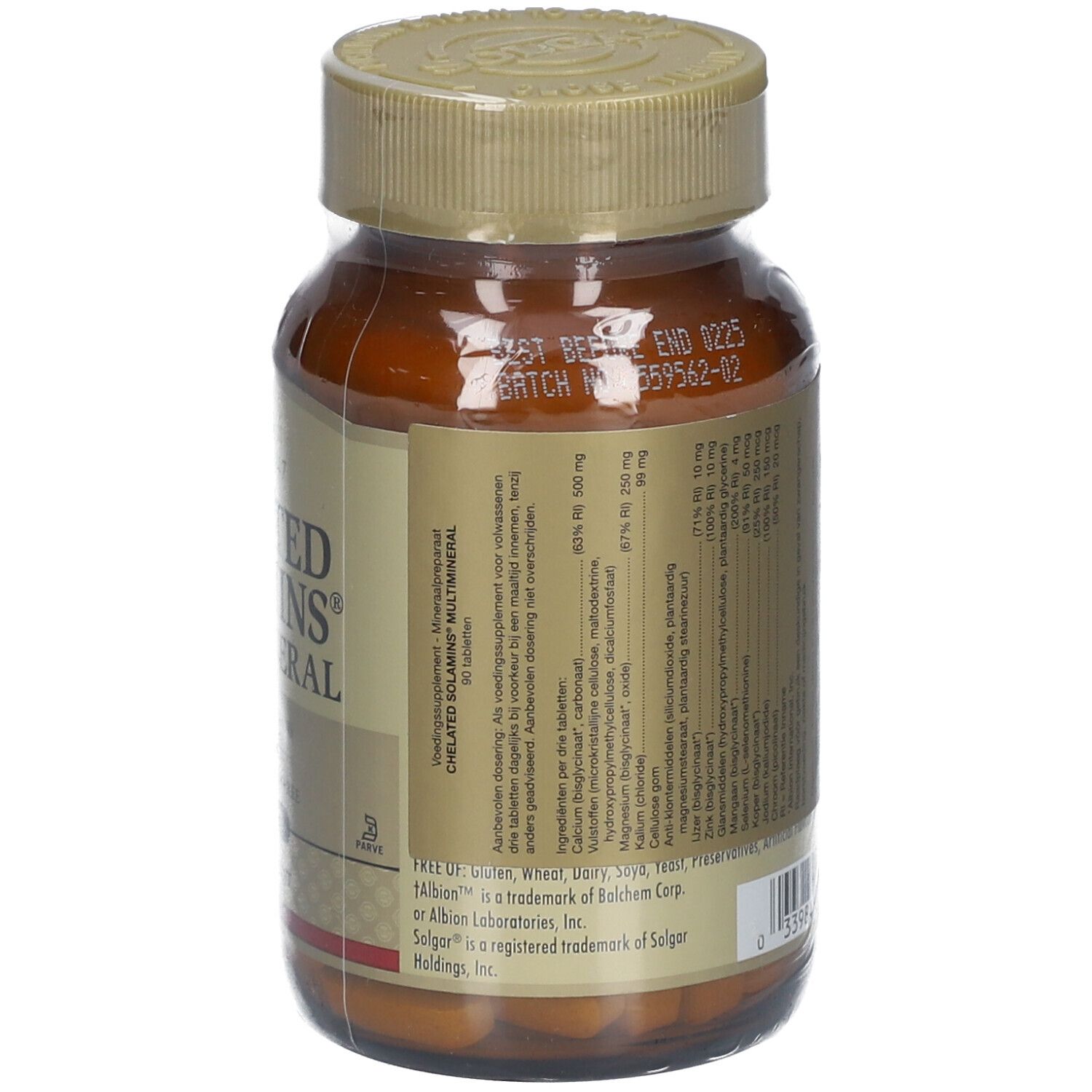 Achterkant van de bruine glazen fles Solgar Chelated Solamins Multimineral. Etiket met ingrediënten en fabrikantinfo.