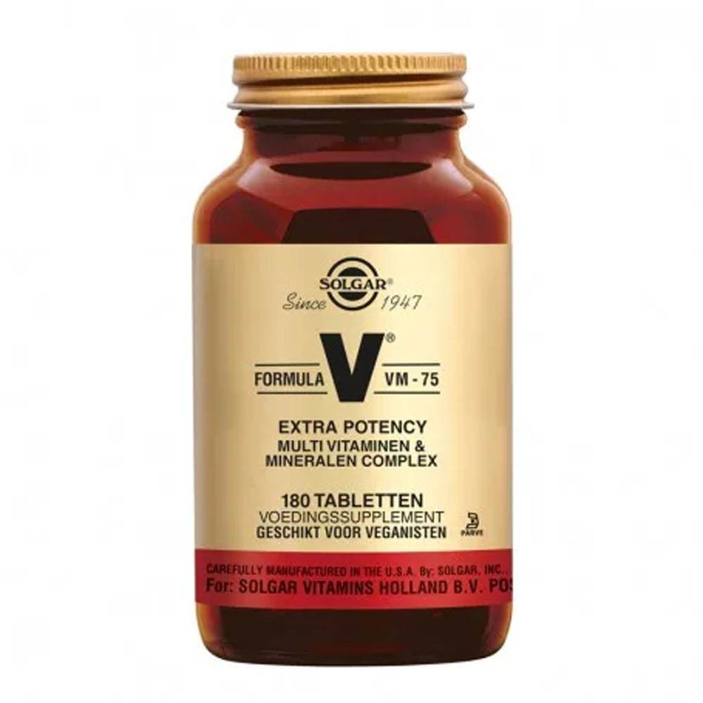 Bruine glazen fles Solgar VM-75. Etiket met productinfo en 180 tabletten. Vegan.
