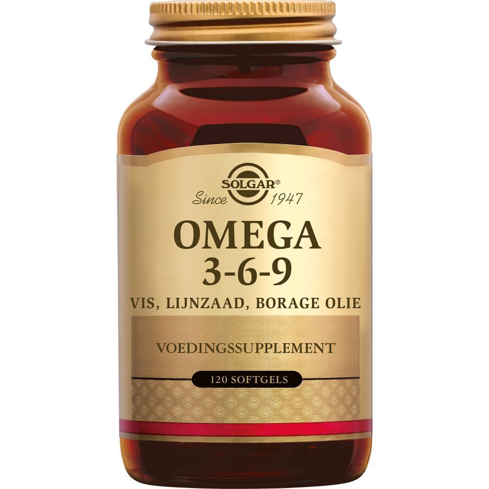 Bruine glazen fles met gouden dop. Opschrift: Omega 3-6-9, Vis, Lijnzaad, Borrage Olie. 120 softgels.