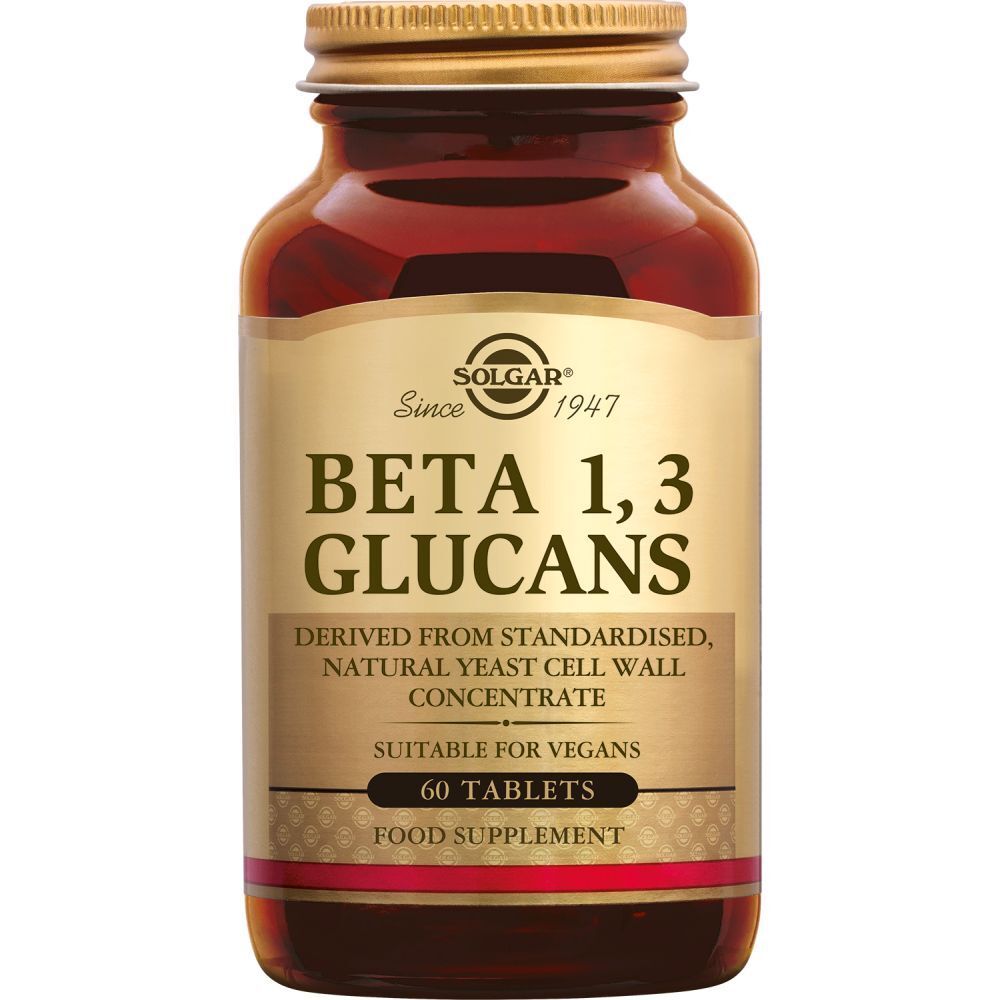 Bruine glazen fles met gouden dop. Etiket met "Solgar Beta 1,3 Glucans", 60 tabletten.