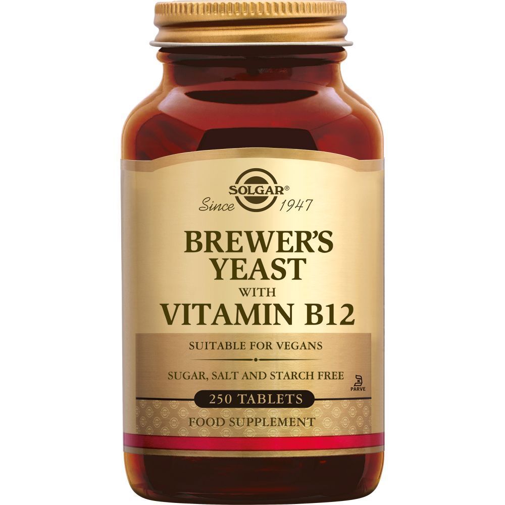 Bruine fles met gouden dop. Opschrift: BREWER'S YEAST. 250 tabletten.