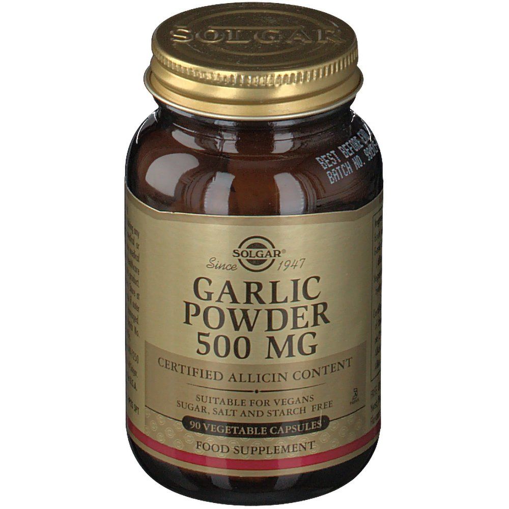 Bruine glazen fles met gouden dop. Label met "Garlic Powder 500 MG" en "90 Vegetable Capsules".