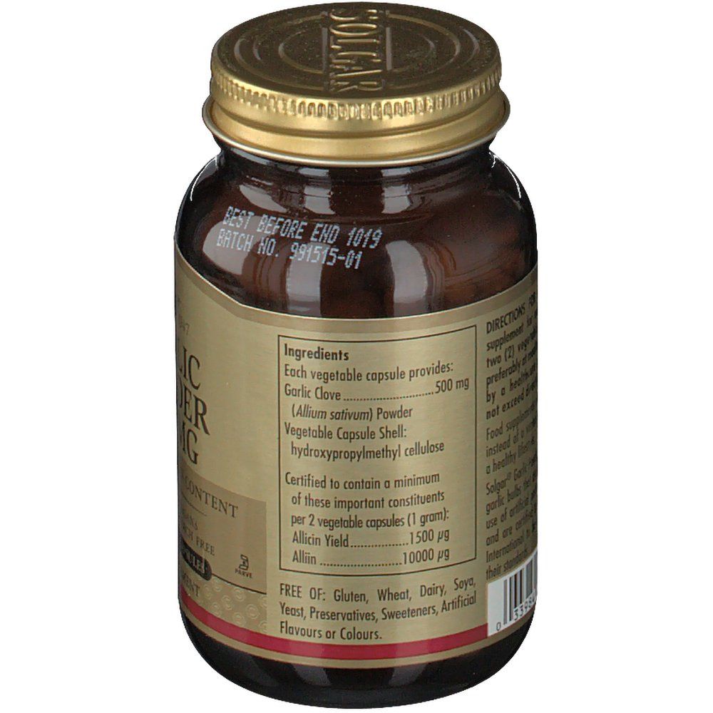 Achterkant van de fles. Label met ingrediënten, waaronder knoflookpoeder. Bevat ook informatie over allergenen.