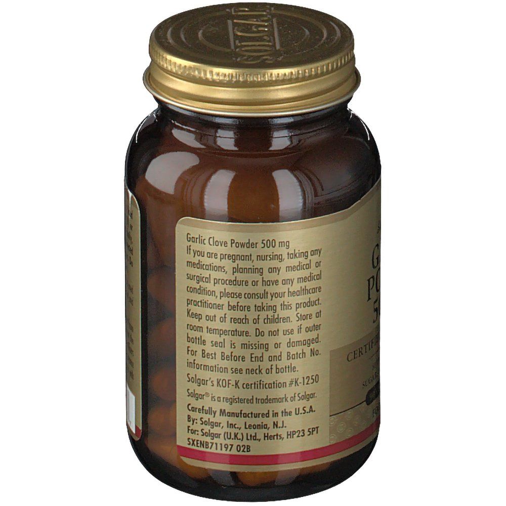 Achterkant van de fles. Label met waarschuwingen en informatie over het merk Solgar.