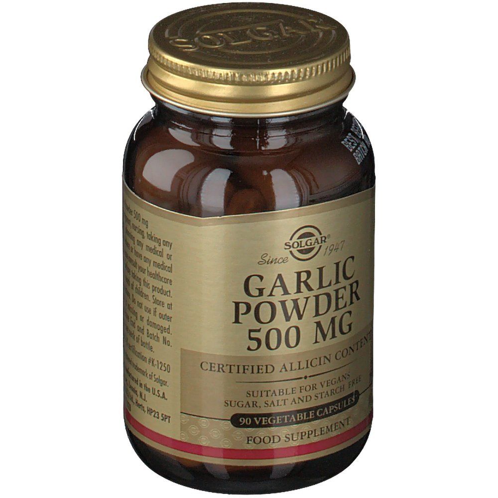 Bruine glazen fles met gouden dop. Label met "Garlic Powder 500 MG" en "90 Vegetable Capsules".