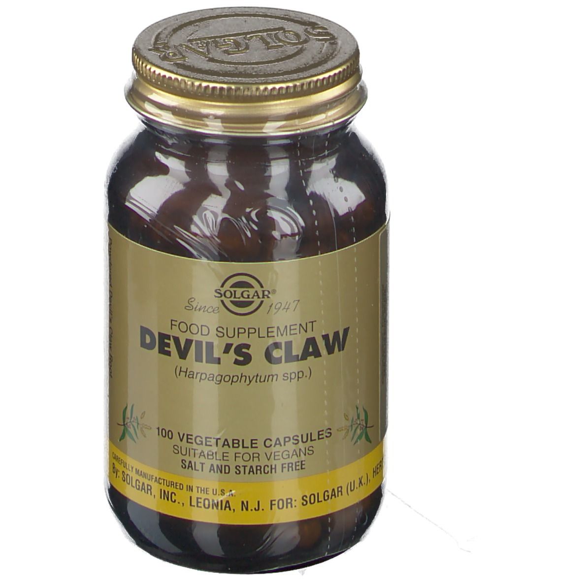 Bruine glazen fles met gouden dop. Label met "Devil's Claw" en "100 vegetable capsules". Merk: Solgar.