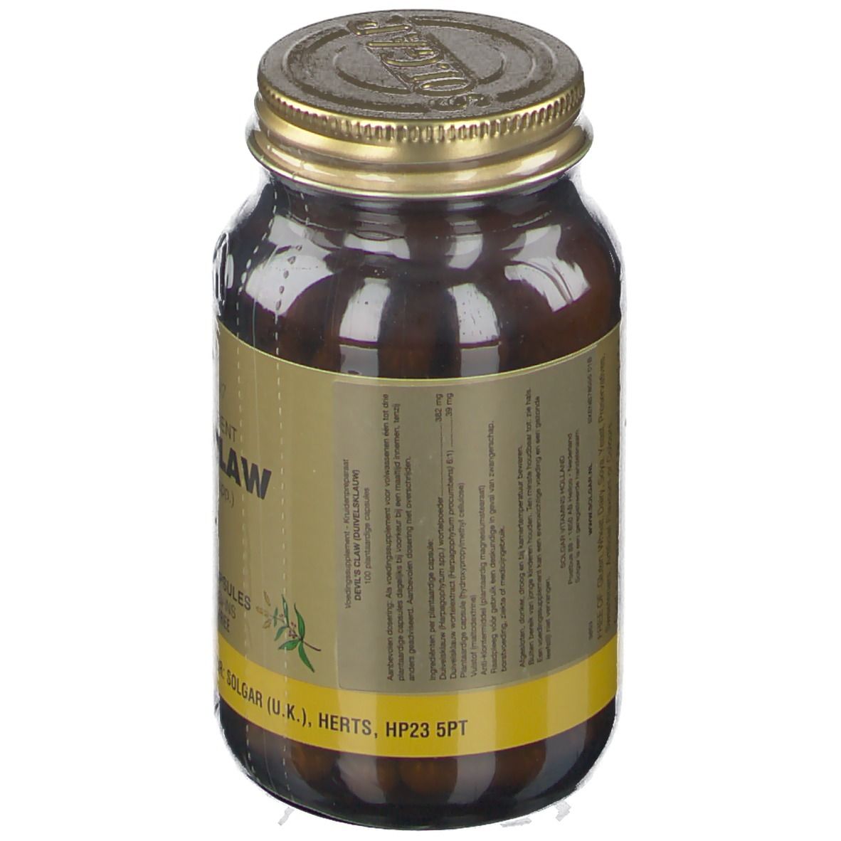 Bruine glazen fles met gouden dop. Label met informatie. Merk: Solgar. Achteraanzicht.