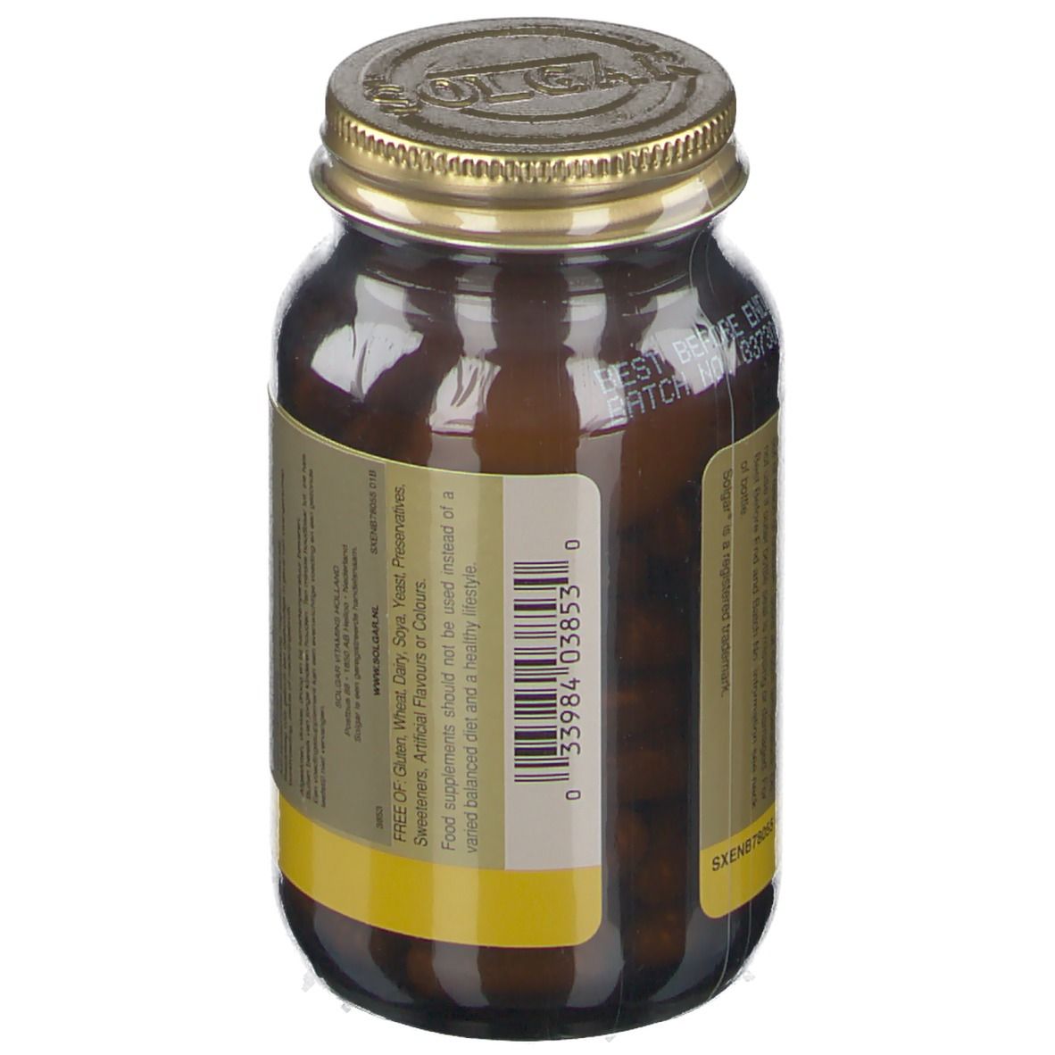 Bruine glazen fles met gouden dop. Label met informatie. Merk: Solgar. Achteraanzicht.