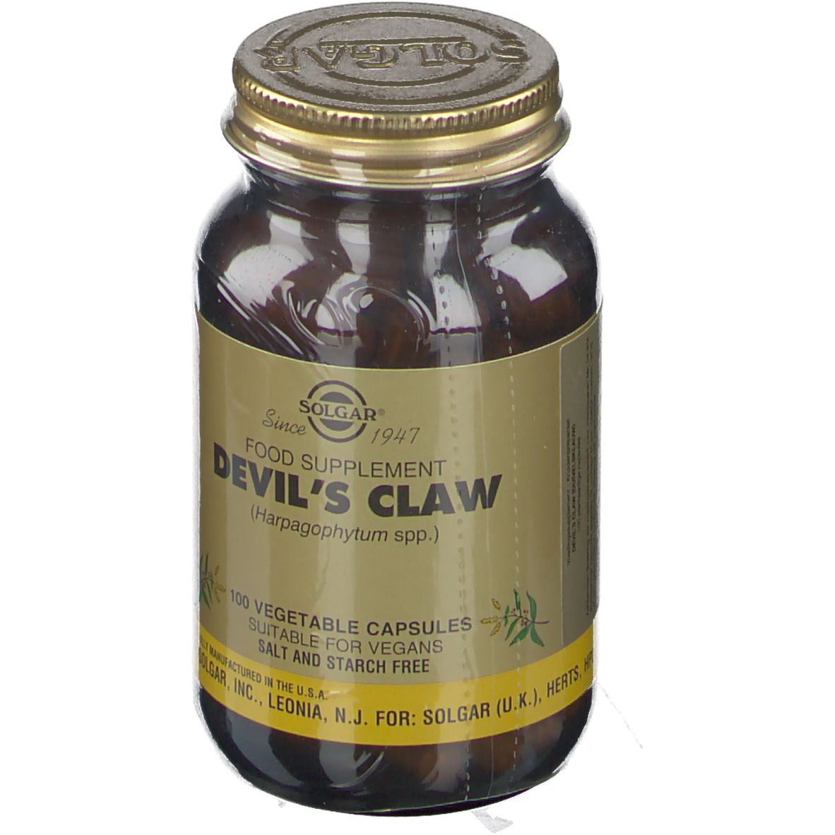 Bruine glazen fles met gouden dop. Label met "Devil's Claw" en "100 vegetable capsules". Merk: Solgar.