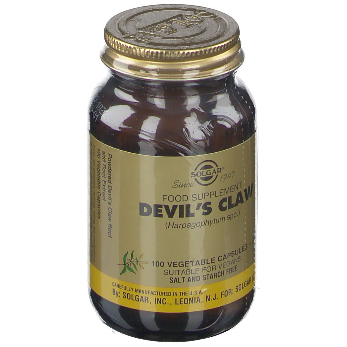 Bruine glazen fles met gouden dop. Label met "Devil's Claw" en "100 vegetable capsules". Merk: Solgar.