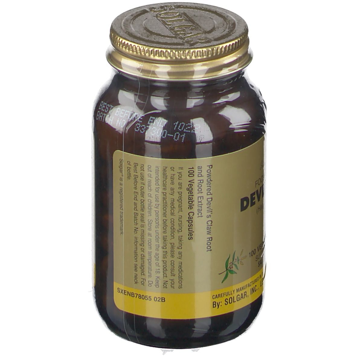 Bruine glazen fles met gouden dop. Label met informatie. Merk: Solgar. Achteraanzicht.