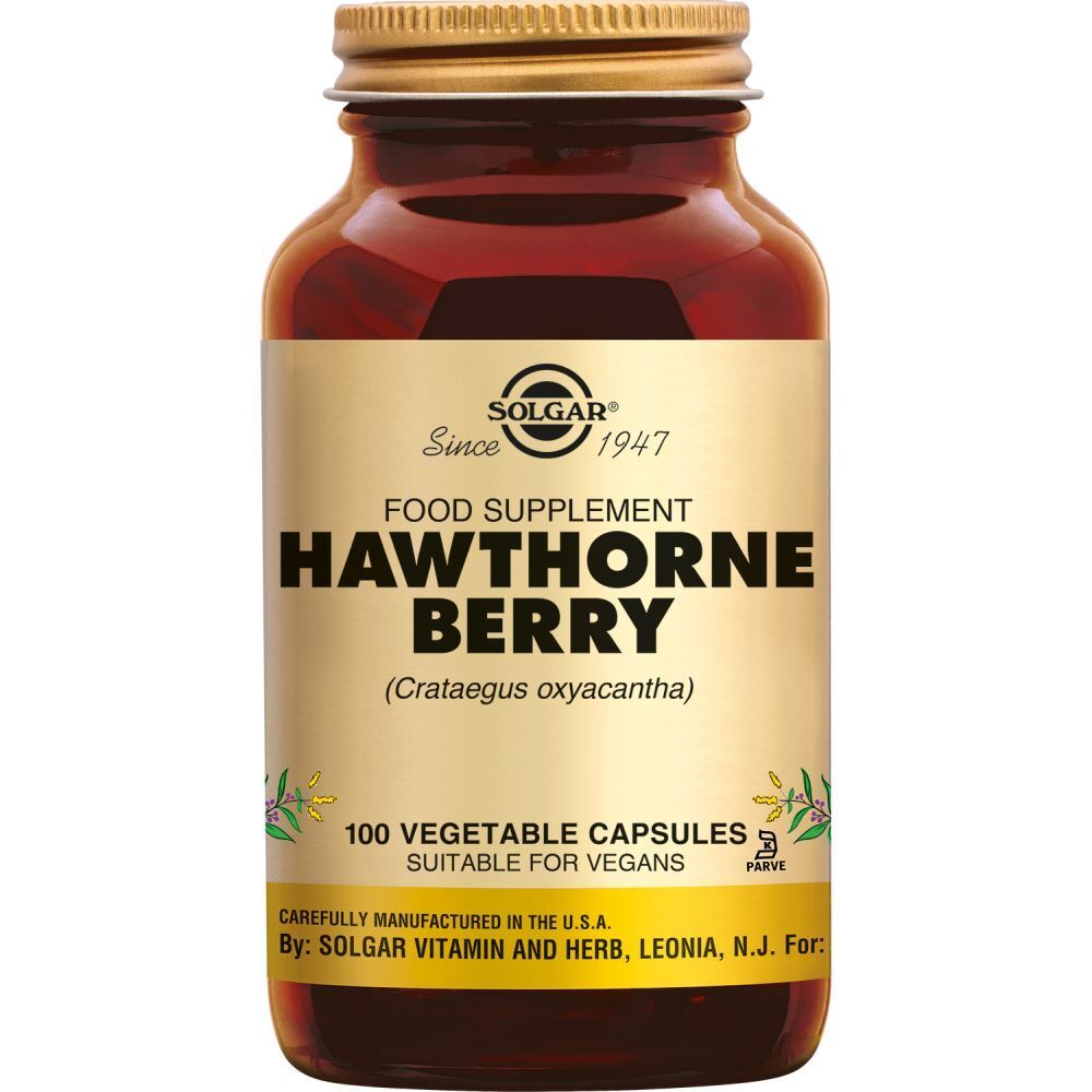 Bruine glazen fles met gouden dop. Etiket met 'Hawthorne Berry' en '100 Vegetable Capsules'.