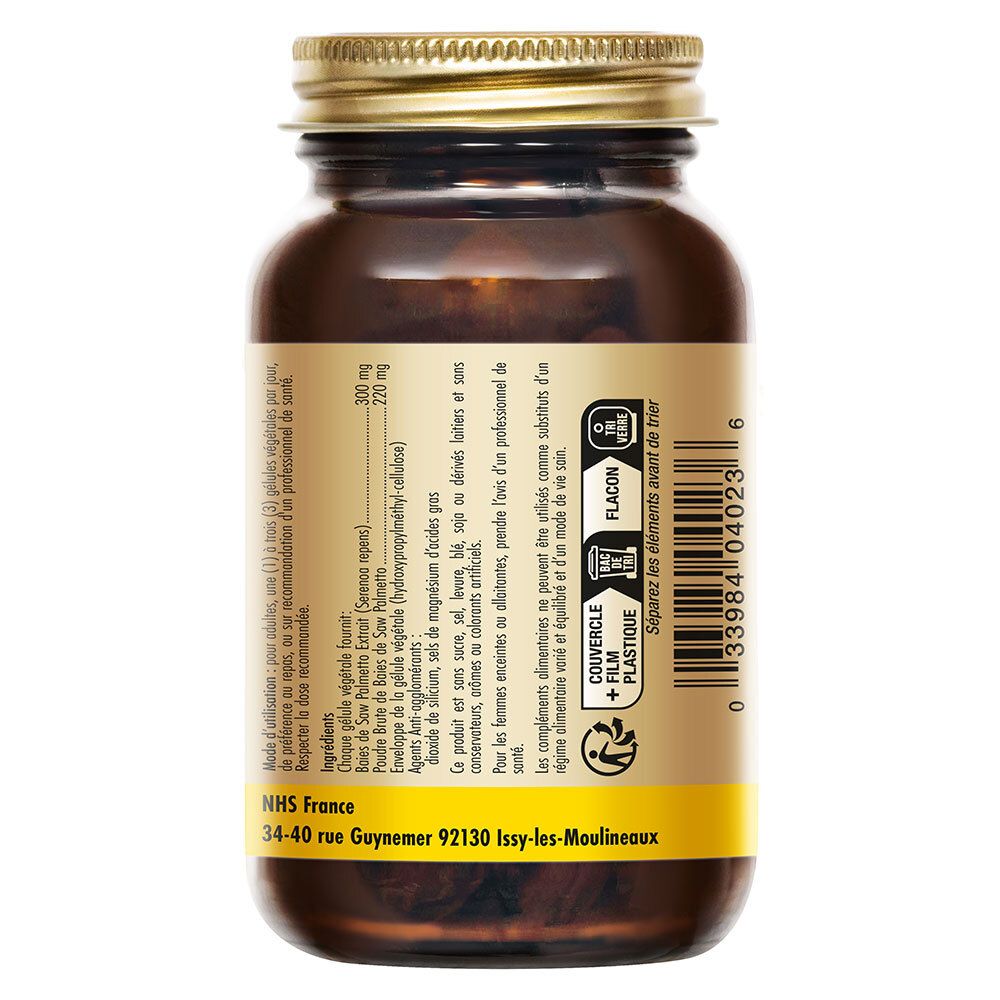 Dos du flacon. Texte: Ingrédients, recommandation posologique. Adresse du fabricant: NHS France.