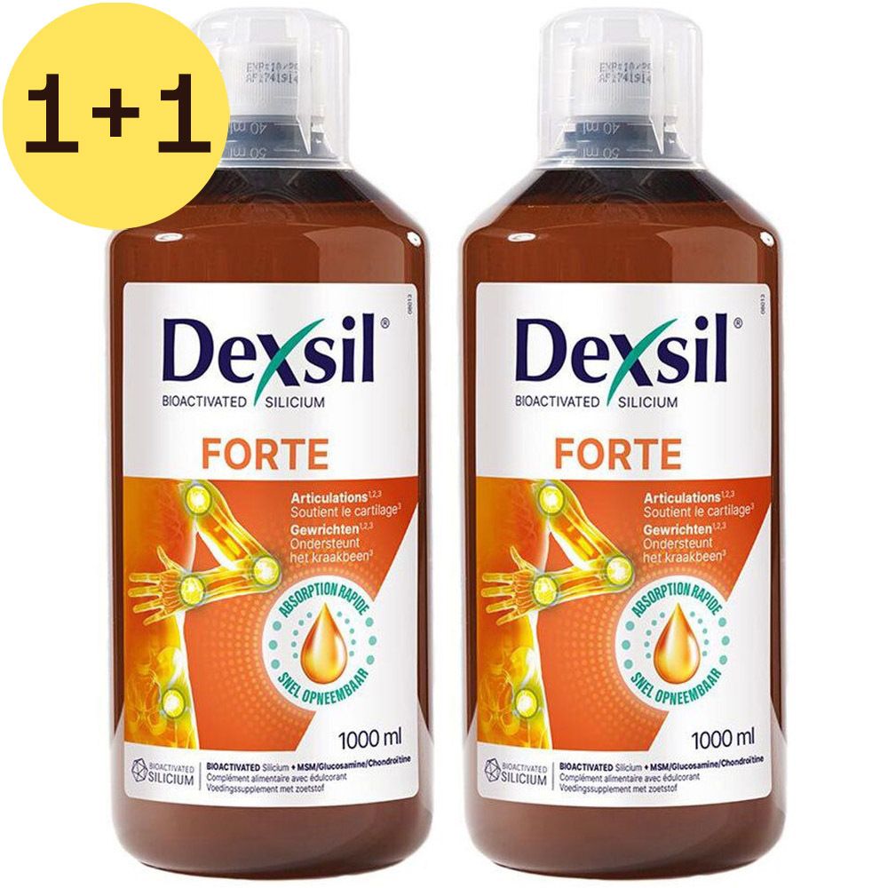 Twee flessen Dexsil Forte. Bruine vloeistof in transparante flessen. Opschrift: Articulations Gewrichten, 1000 ml.