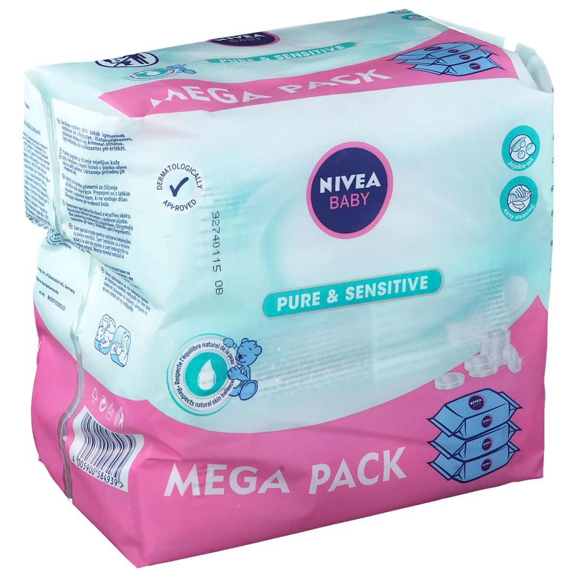 NIVEA Baby Pure & Sensitive Mega Pack. Emballage rose et blanc. Inscriptions: Baby, Pure & Sensitive, testé dermatologiquement.