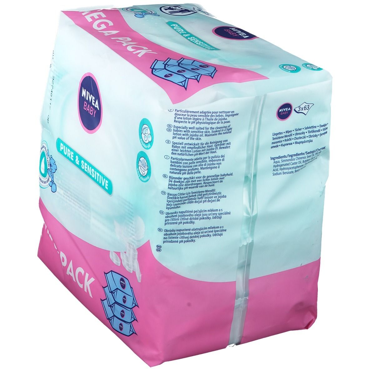 NIVEA Baby Pure & Sensitive Mega Pack. Emballage rose et blanc. Inscriptions: Baby, Pure & Sensitive. Texte au dos.