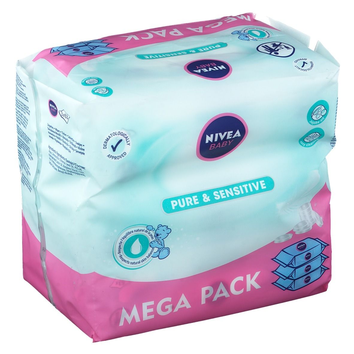 NIVEA Baby Pure & Sensitive Mega Pack. Emballage rose et blanc. Inscriptions: Baby, Pure & Sensitive, testé dermatologiquement.