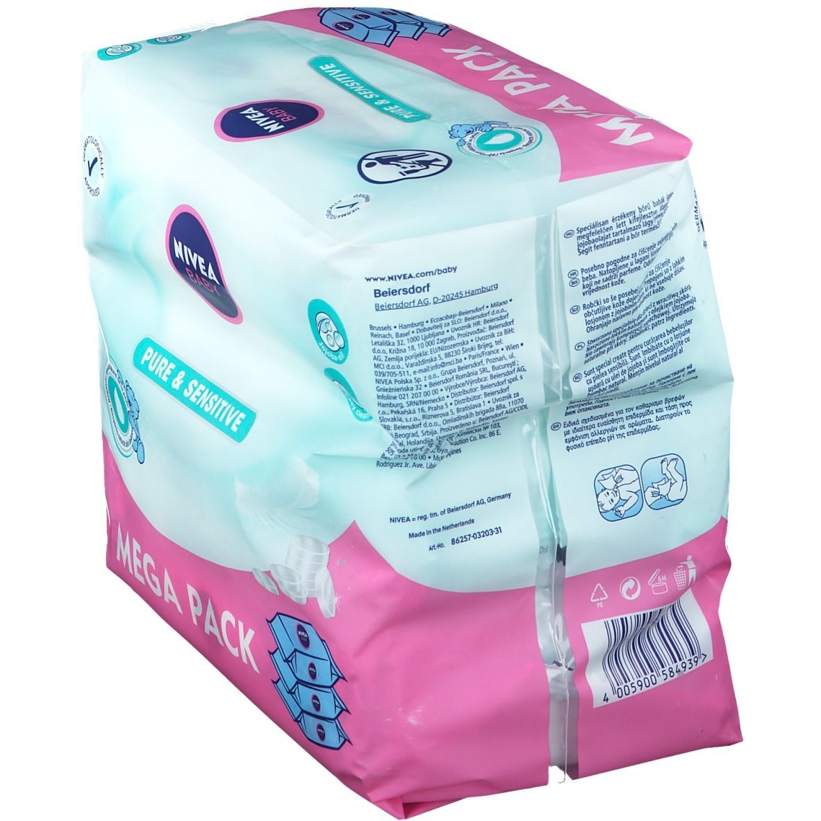 NIVEA Baby Pure & Sensitive Mega Pack. Emballage rose et blanc. Inscriptions: Baby, Pure & Sensitive. Texte au dos.