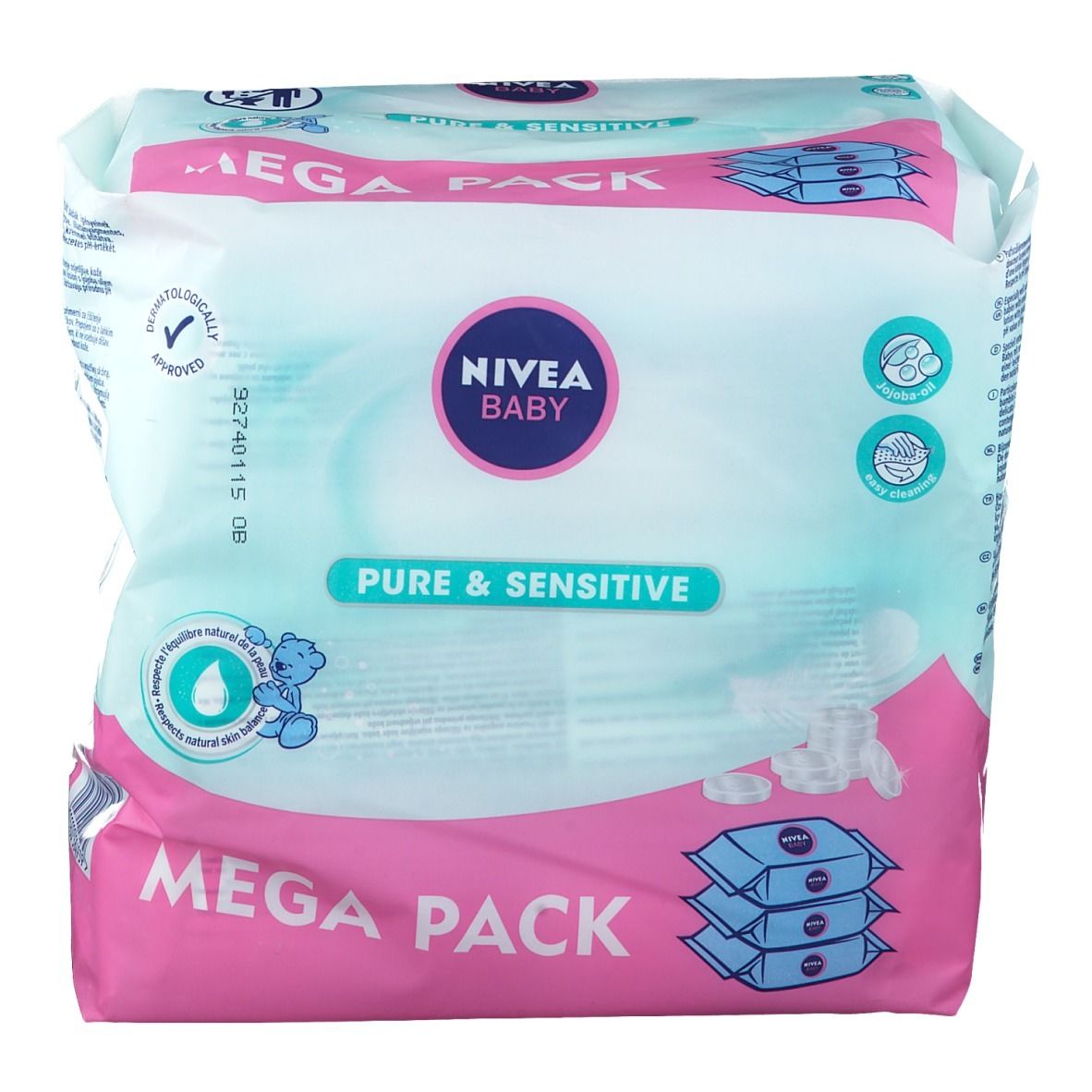 NIVEA Baby Pure & Sensitive Mega Pack. Emballage rose et blanc. Inscriptions: Baby, Pure & Sensitive, testé dermatologiquement.