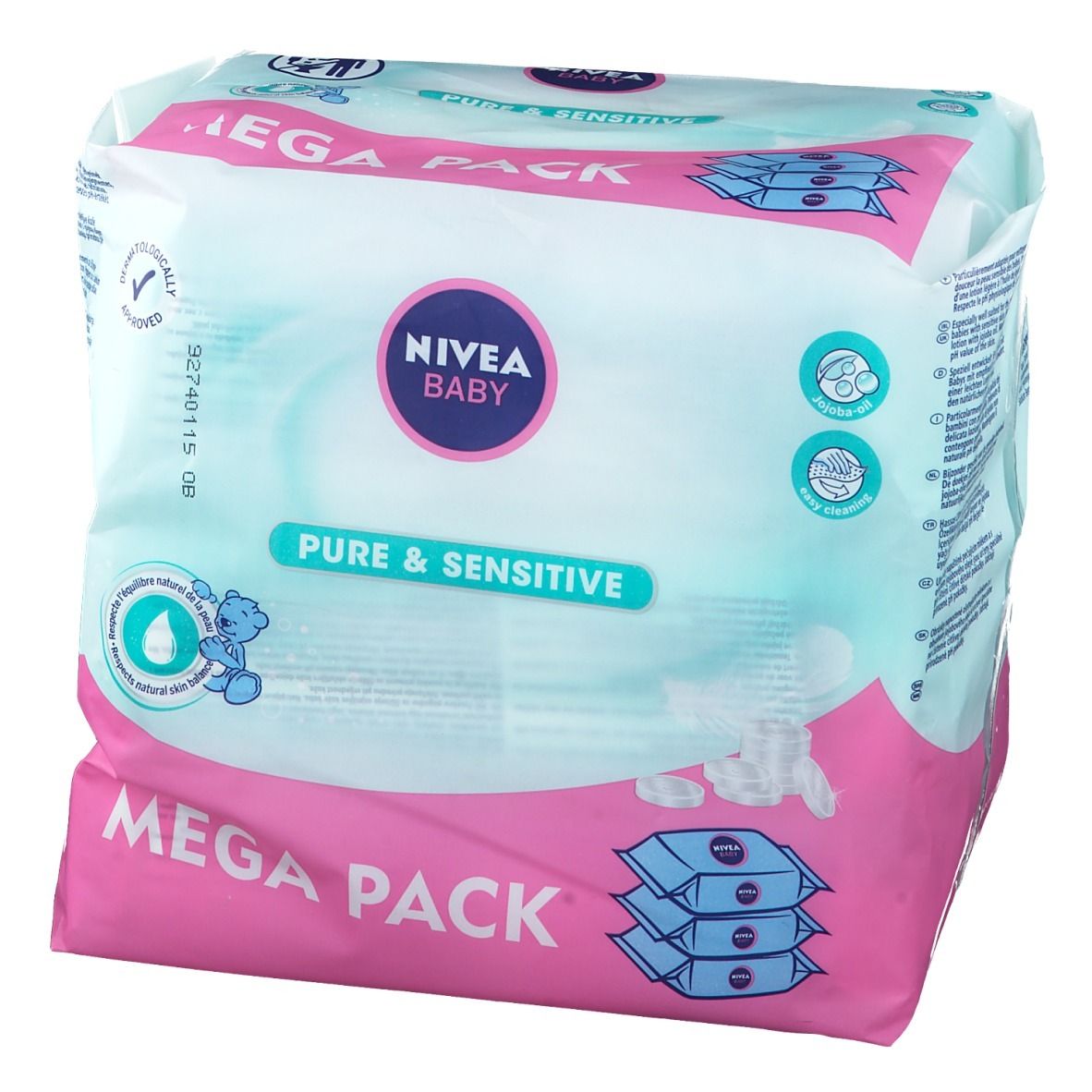 NIVEA Baby Pure & Sensitive Mega Pack. Emballage rose et blanc. Inscriptions: Baby, Pure & Sensitive, testé dermatologiquement.