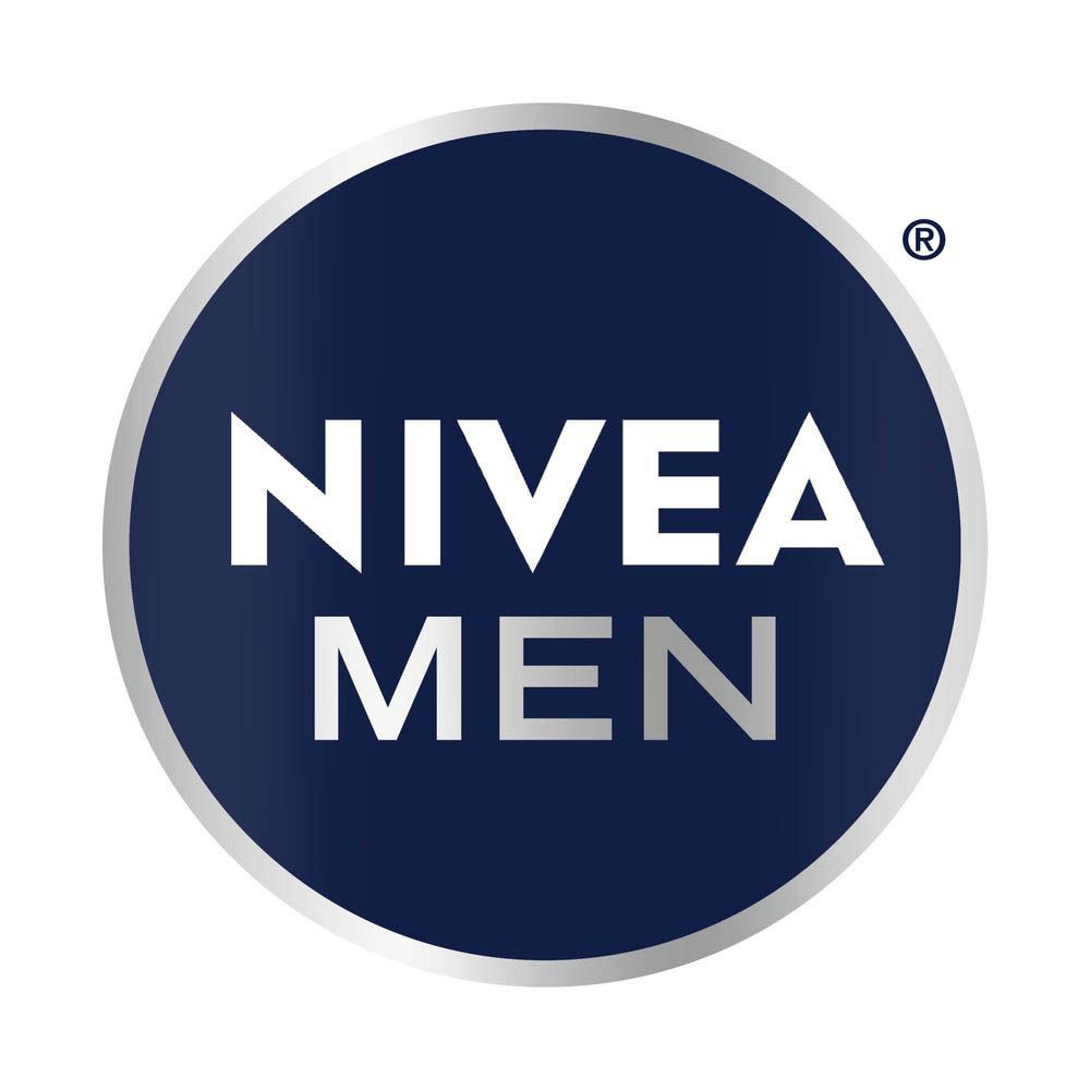 NIVEA MEN logo, blauw rond logo met witte tekst. Opschrift NIVEA MEN.