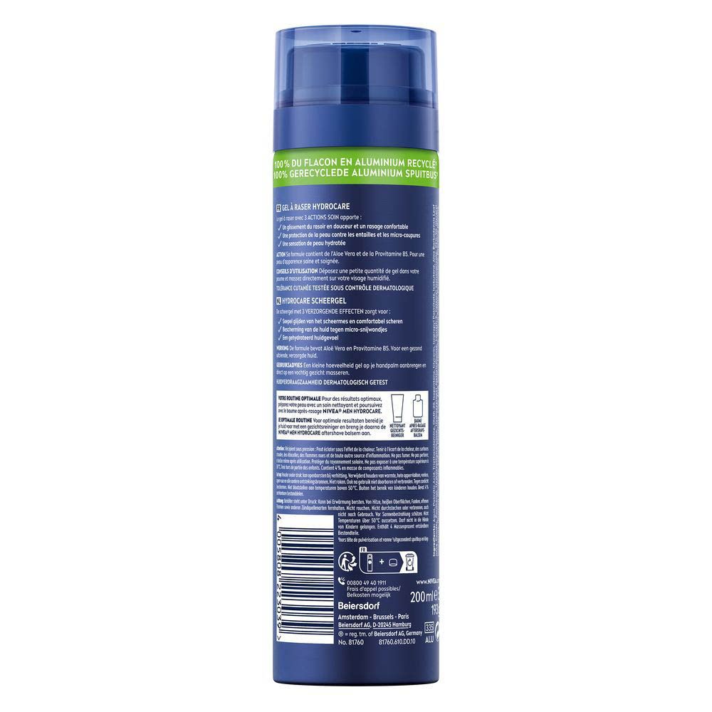 Achterkant van de blauwe fles NIVEA MEN HYDROCARE scheergel. Tekst, 200ml. 100% gerecyclede aluminium fles.