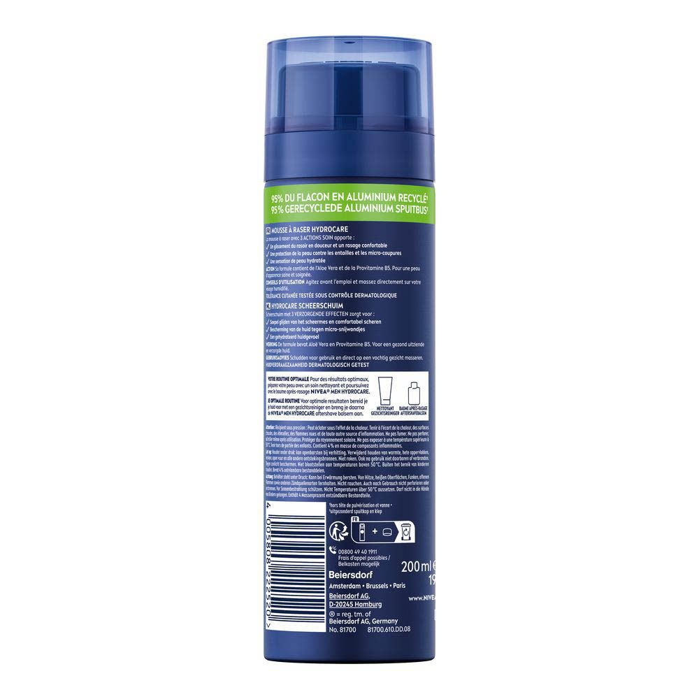 Dos du flacon de mousse à raser NIVEA MEN HYDRO CARE. Texte multilingue, 200ml.