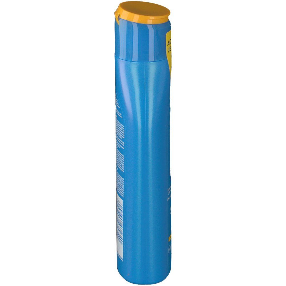 Blauwe fles Nivea Sun Protect & Bronze SPF50. Gele dop, geel etiket met tekst. Zijaanzicht.