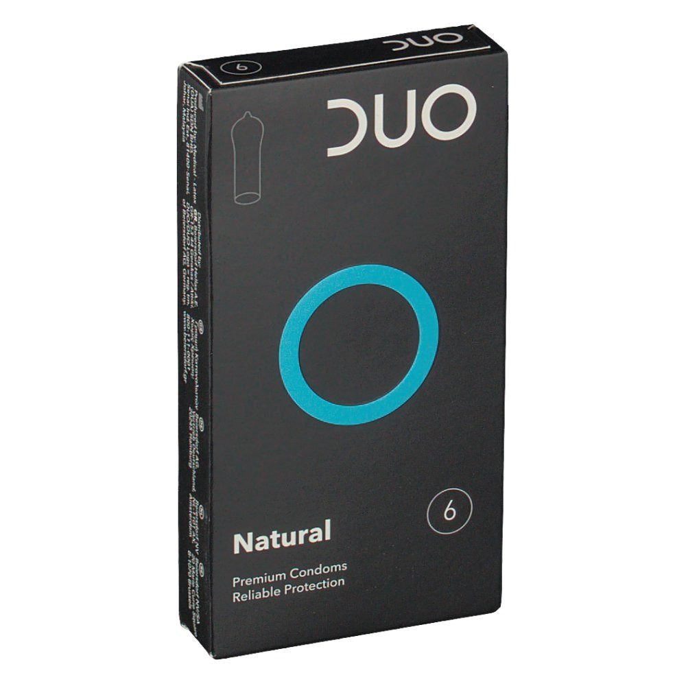 Boîte noire avec "DUO" et cercle bleu. "Natural" et "6" visibles. Préservatifs Premium.