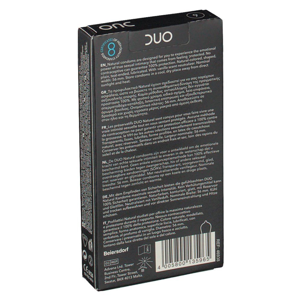 Dos de la boîte noire. Texte multilingue. "DUO" et motif cercle bleu.