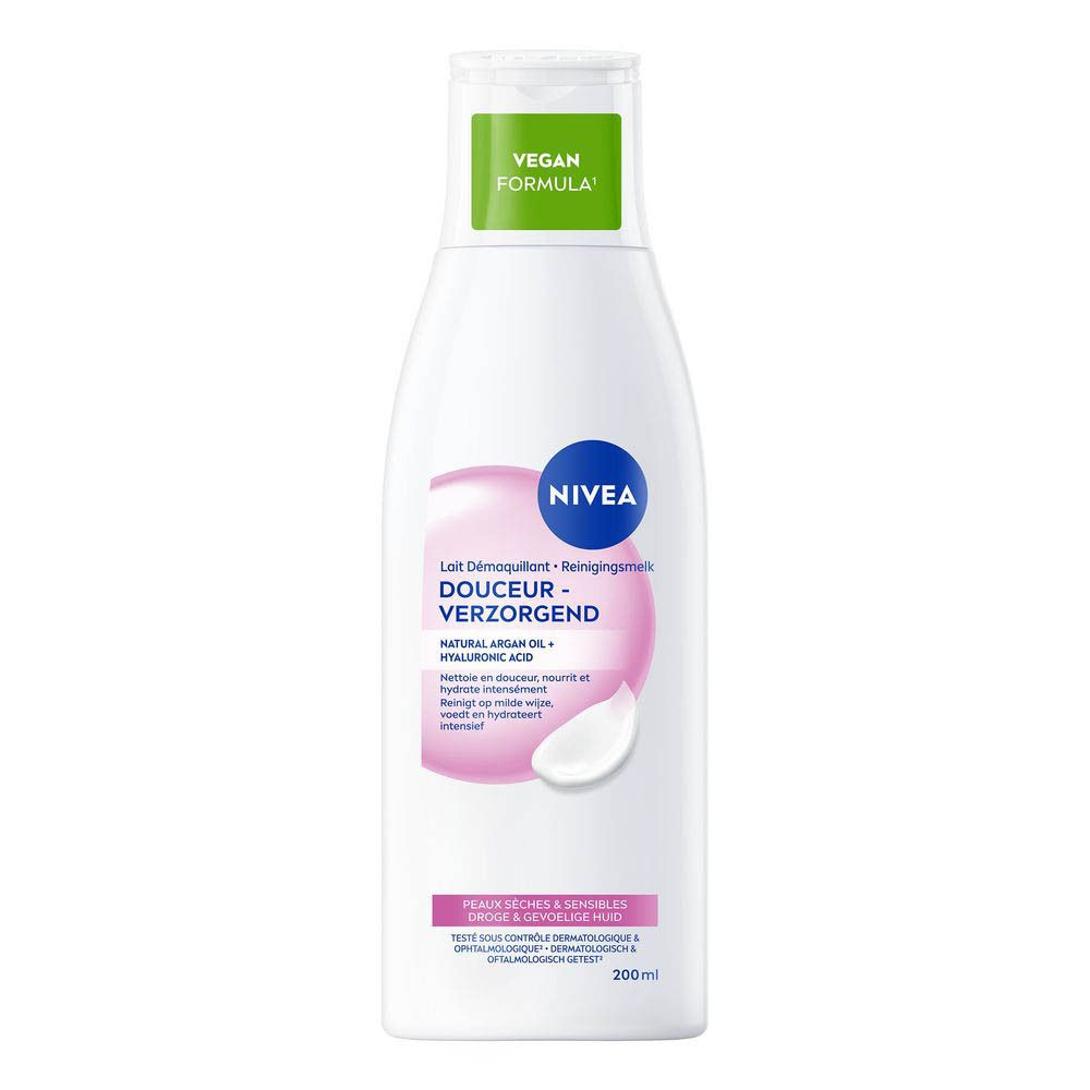 Flacon blanc Lait démaquillant NIVEA formule vegan, huile d'argan et acide hyaluronique. 200ml.