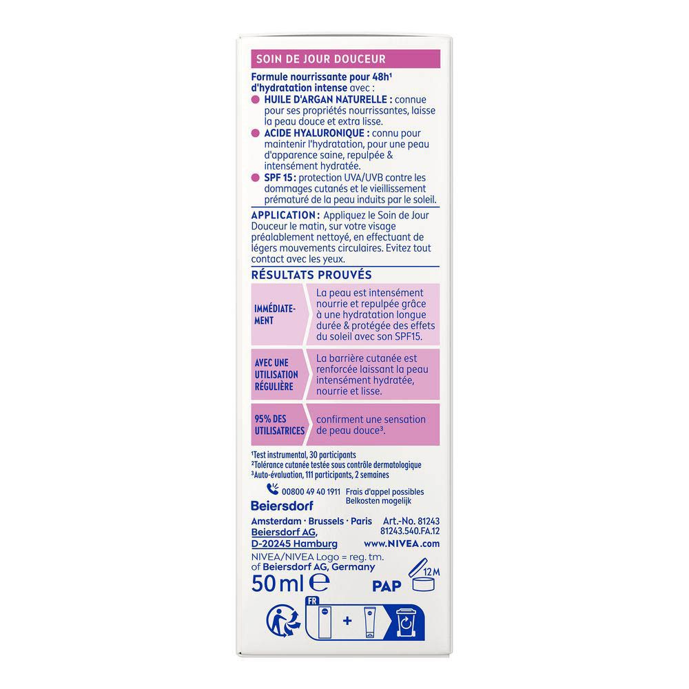 Achterkant van de NIVEA Essentials Dagcrème SPF15 tube met details.