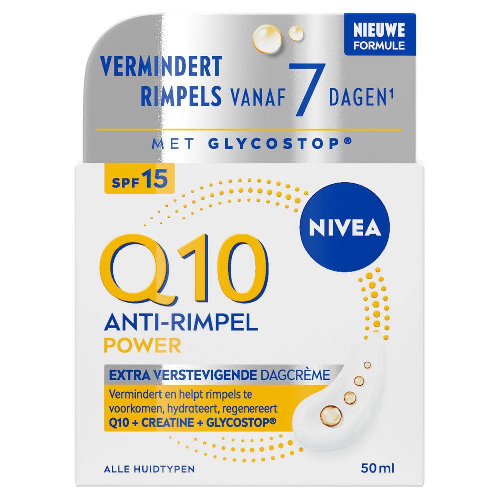 NIVEA Q10 Power Anti-rimpel dagcrème SPF15, witte pot met gele ring en opschrift.