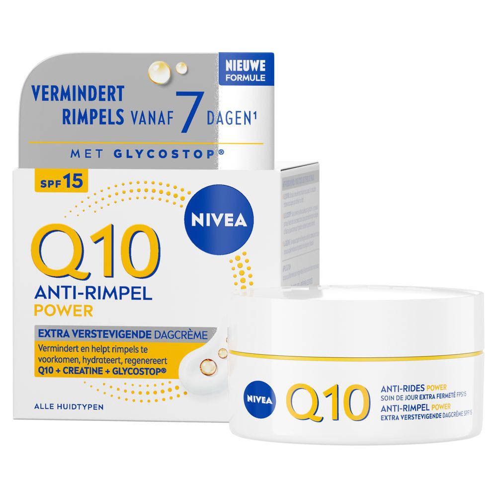 Emballage NIVEA Q10 Power Crème de jour anti-rides SPF15, 50ml, avec 'Nouvelle Formule' et '10x plus de créatine'.