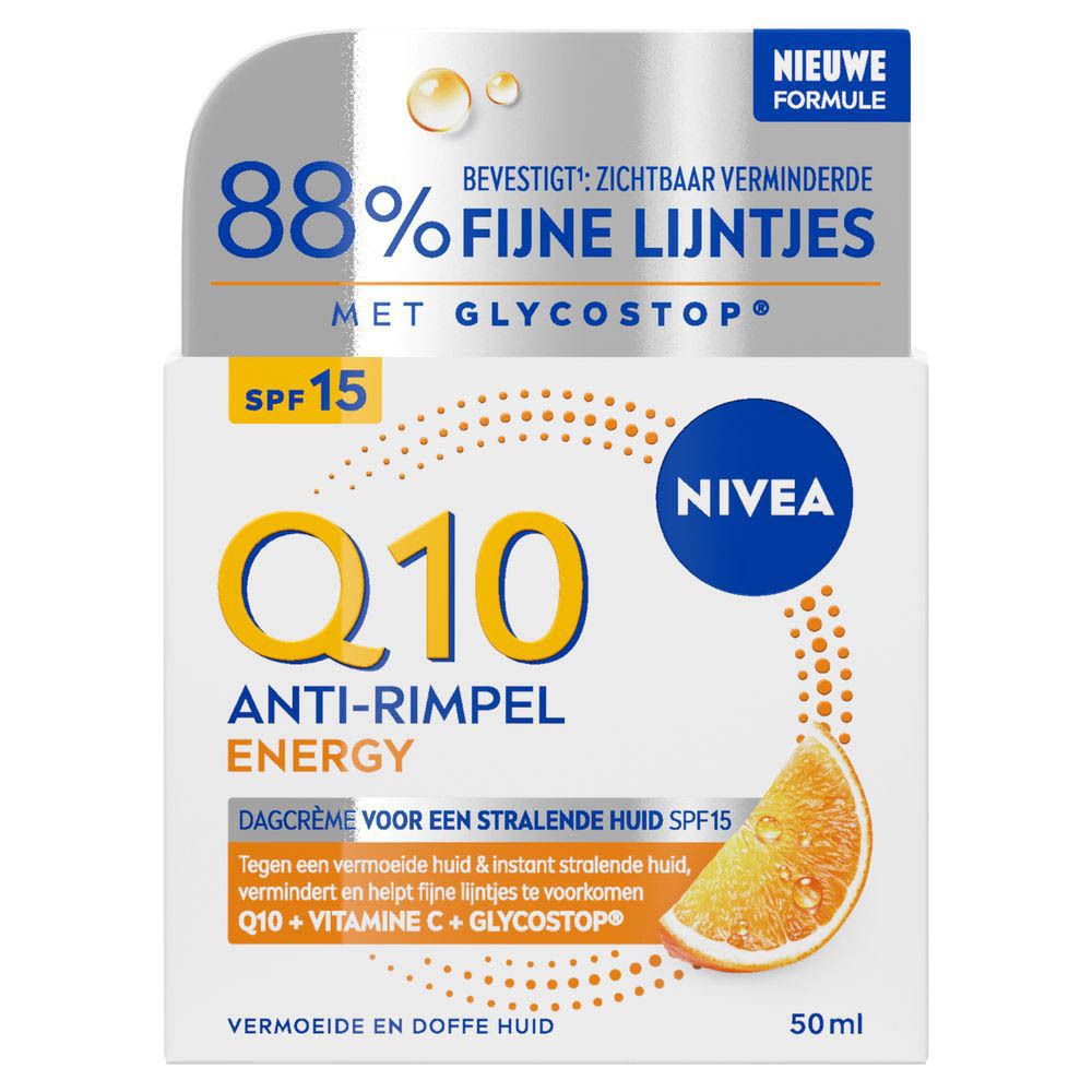 Emballage NIVEA Q10 Energy avec tranche d'orange et "3 antioxydants".