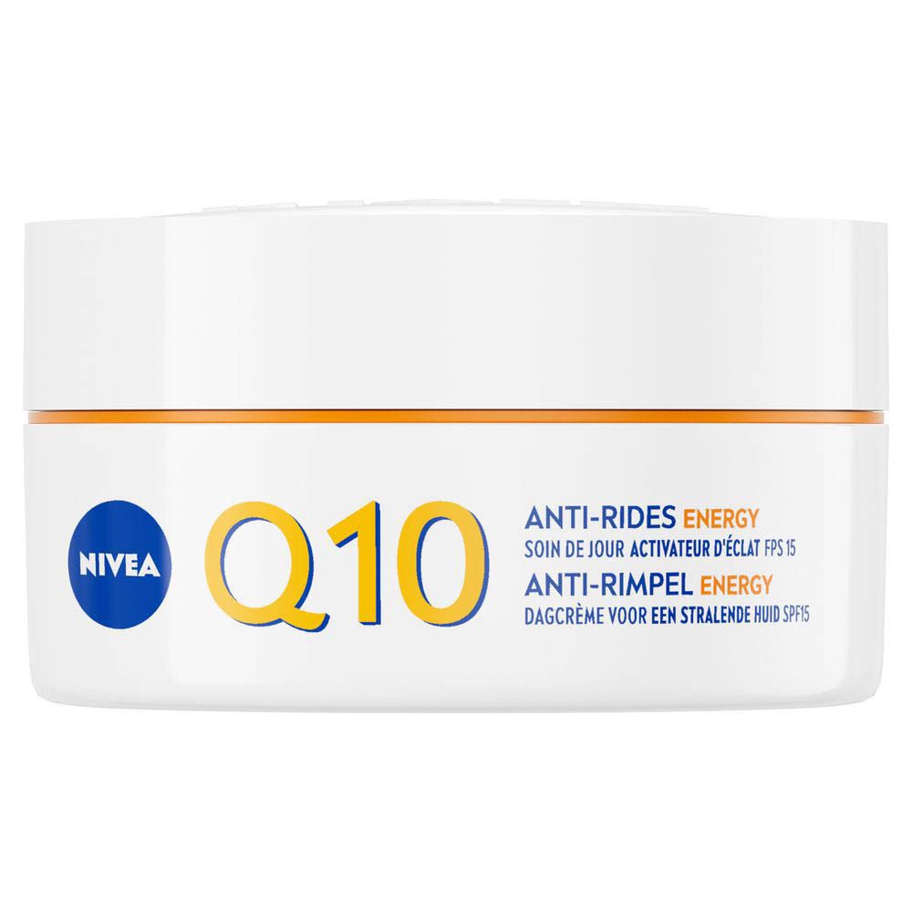 Verpakking NIVEA Q10 Energy met sinaasappelschijf en "3 antioxidanten".