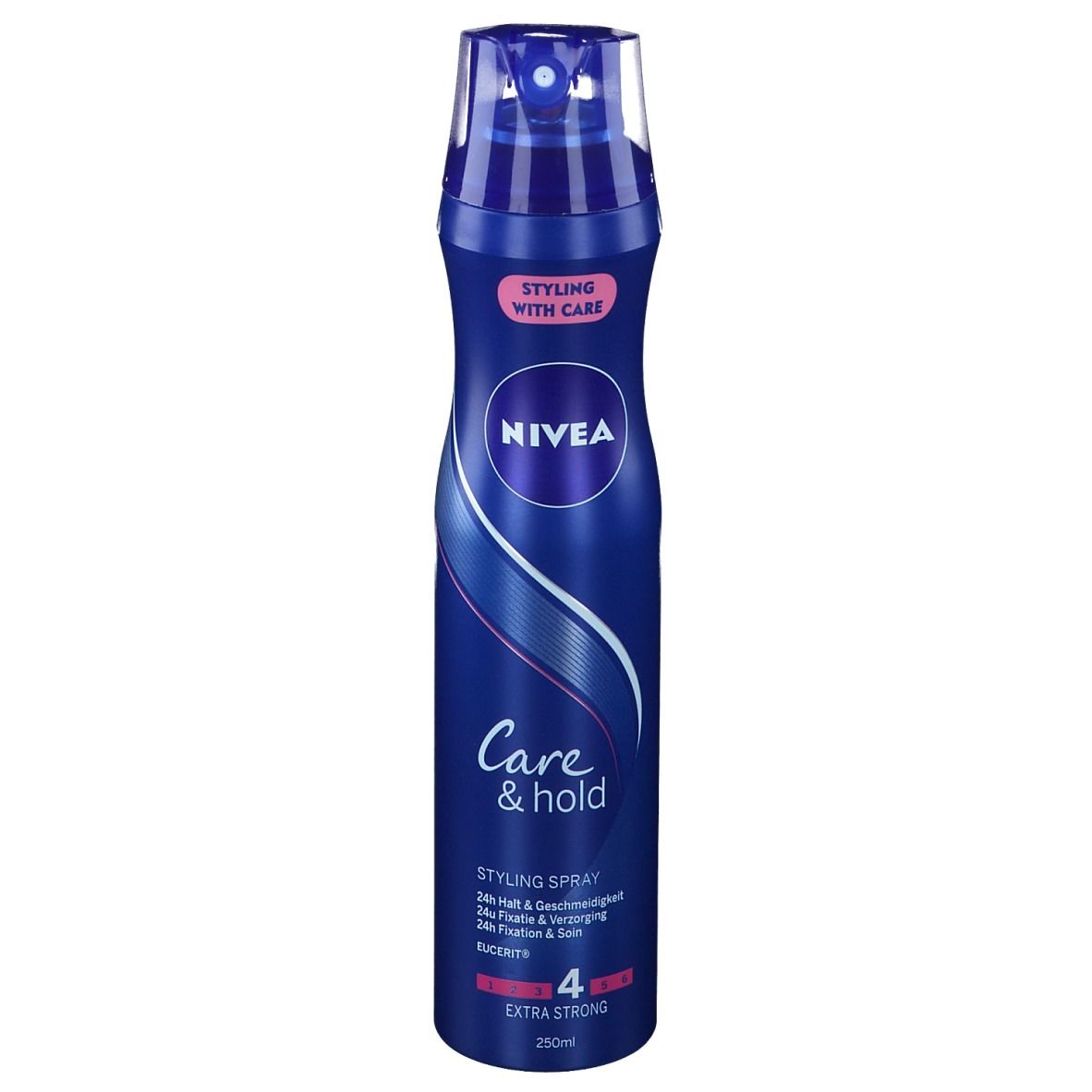 Blauwe sprayfles met NIVEA-logo en "Care & Hold". Extra Strong 4. 250ml inhoud.