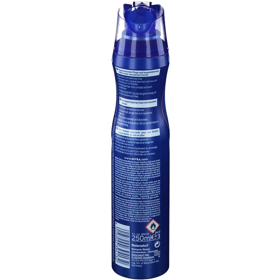 Achterkant van blauwe sprayfles NIVEA Care & Hold. Tekst en logo's.