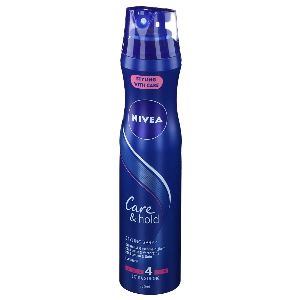 Blauwe sprayfles NIVEA Care & Hold. Extra Strong 4. 250ml. Vooraanzicht.