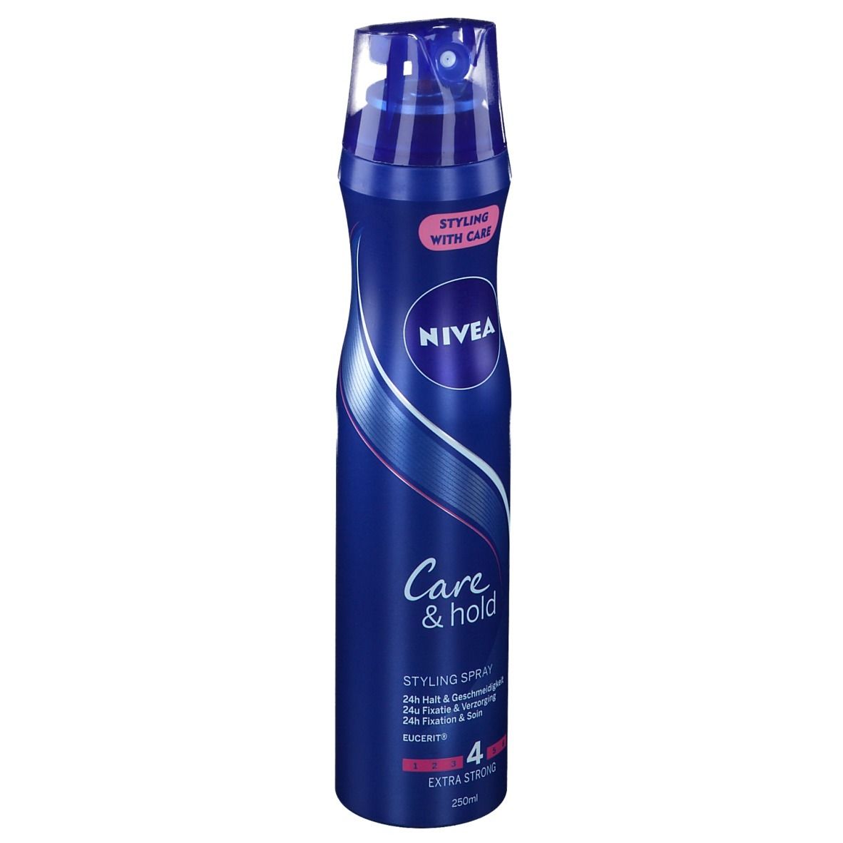 Blauwe sprayfles NIVEA Care & Hold. Extra Strong 4. 250ml. Vooraanzicht.