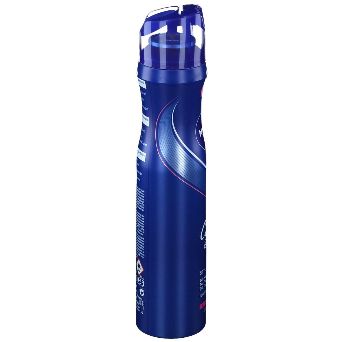 Blauwe sprayfles NIVEA Care & Hold. Zijaanzicht. Logo's en tekst.