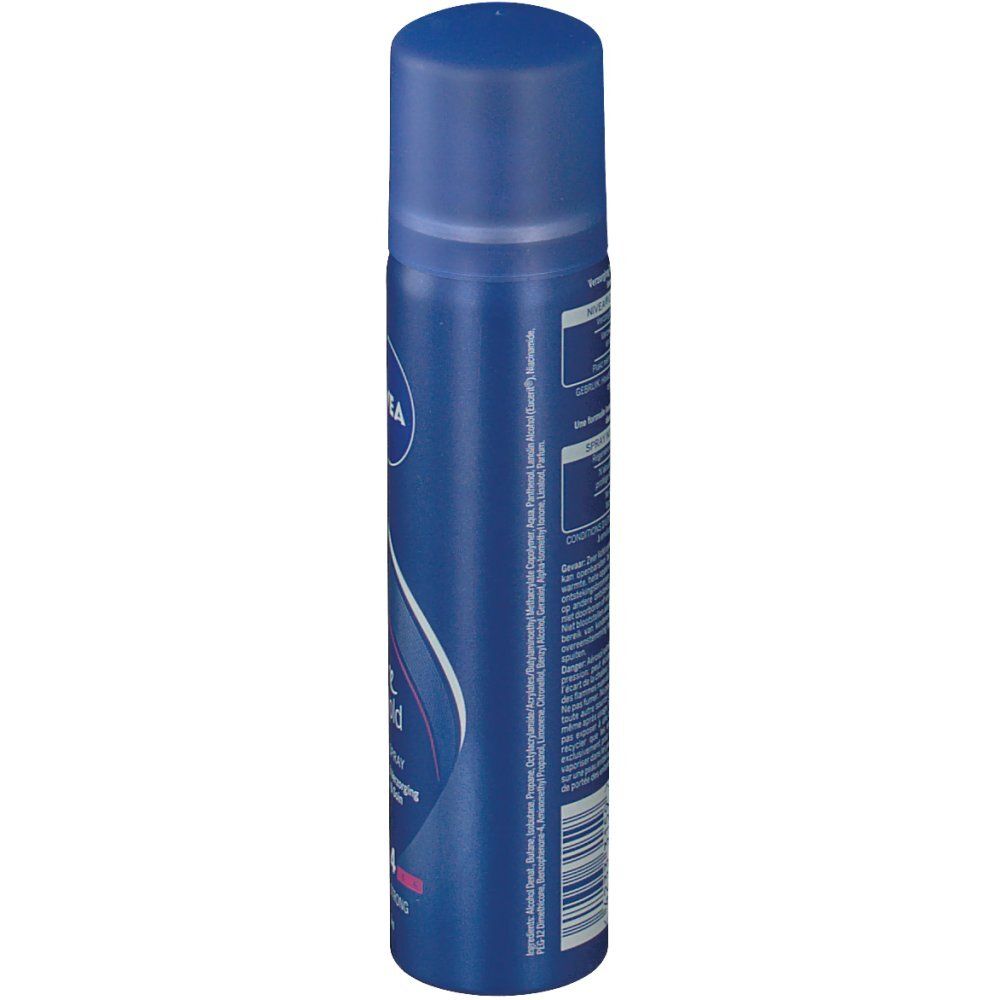 Flacon de spray bleu avec logo Nivea. Dos avec texte et code-barres. 75ml.