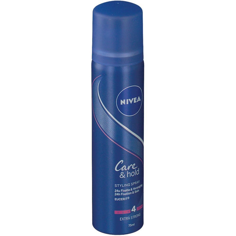 Flacon de spray bleu avec logo Nivea et inscription Care & Hold. Extra fort, 75ml.