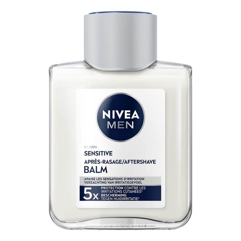 Fles met zilveren dop. Opschrift NIVEA MEN, Sensitive, Après-Rasage/Aftershave, 5x bescherming.
