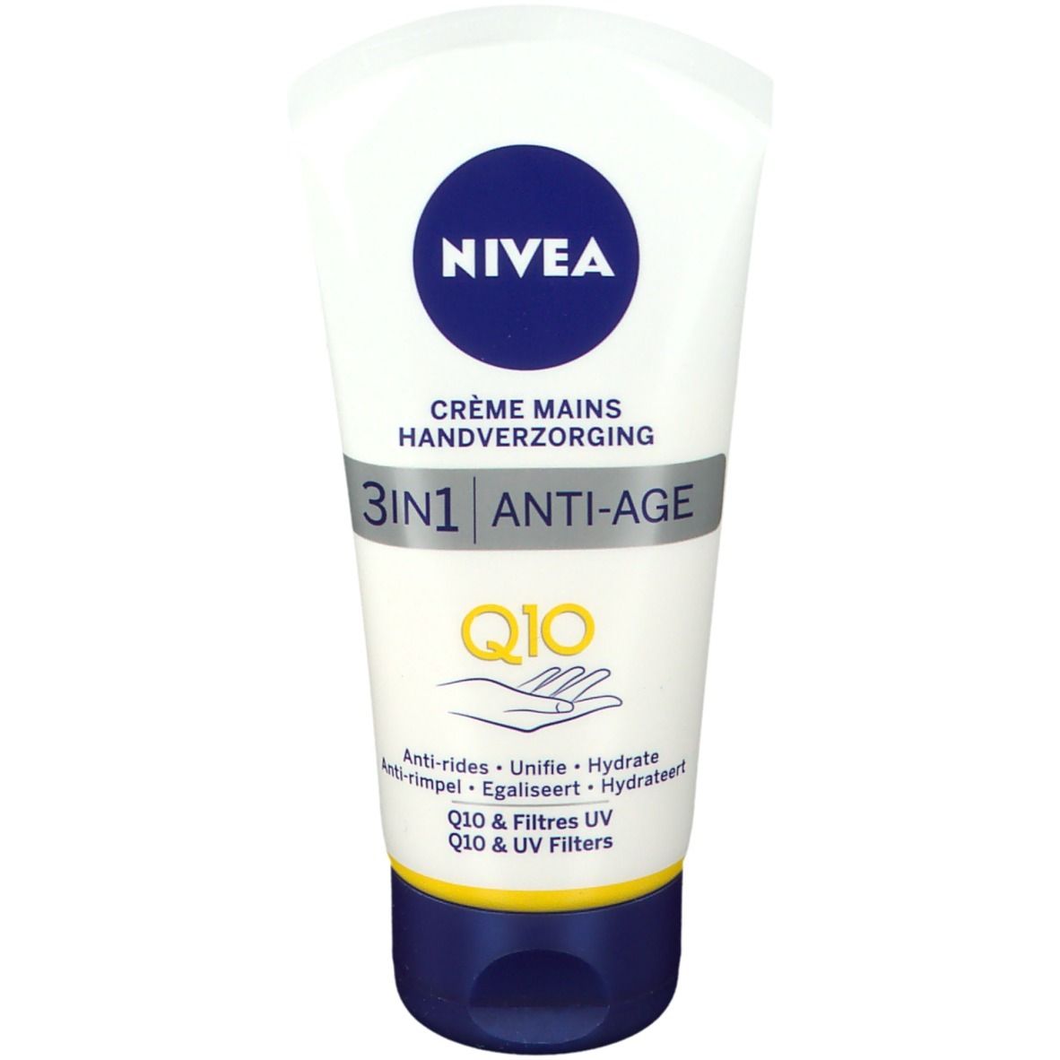 Tube blanche NIVEA, bouchon bleu, logo et texte. Crème Mains 3in1 Anti-Age Q10. Ingrédients et caractéristiques.