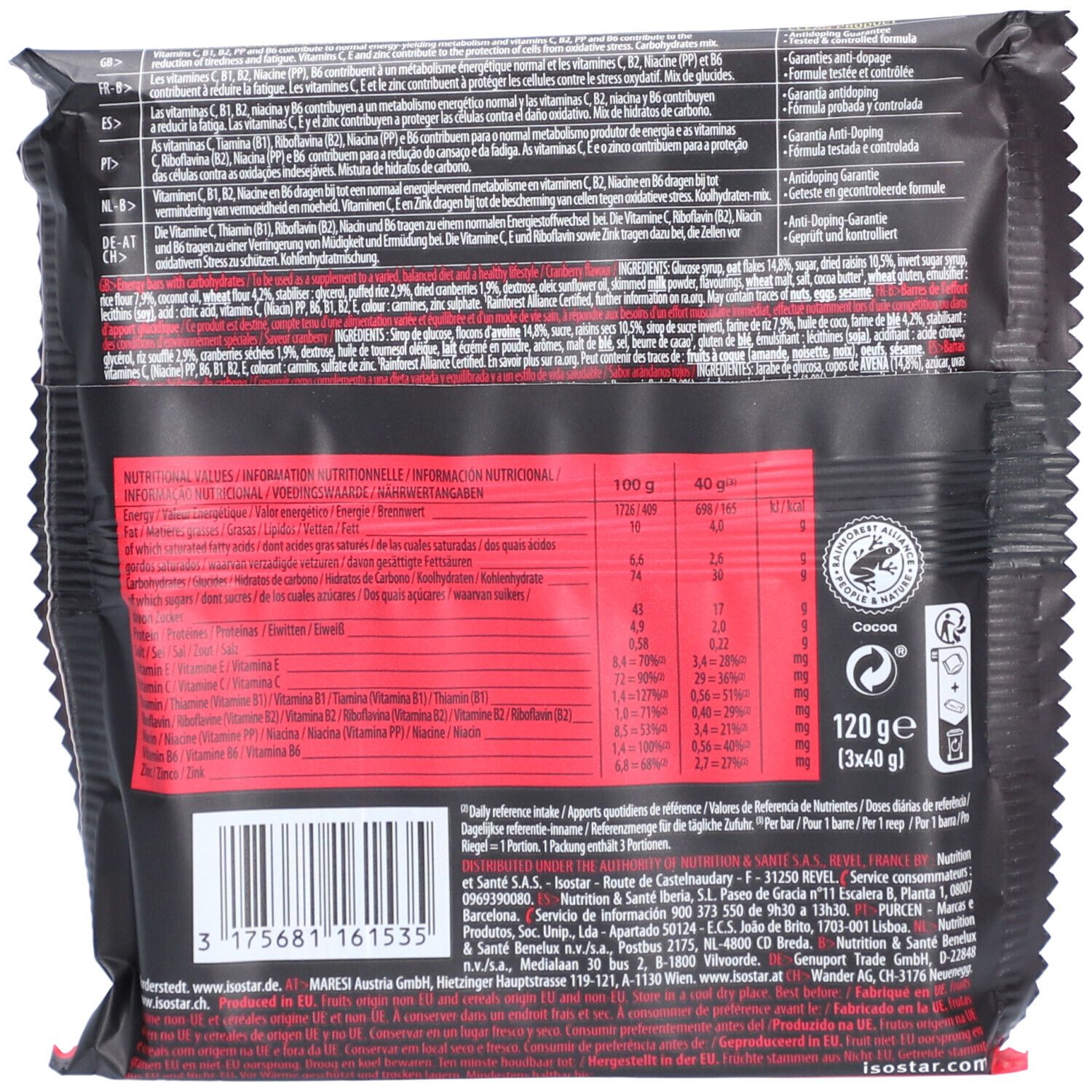 Isostar High Energy Sport Bar Antioxidant Raisin & Canneberge 3-Pack