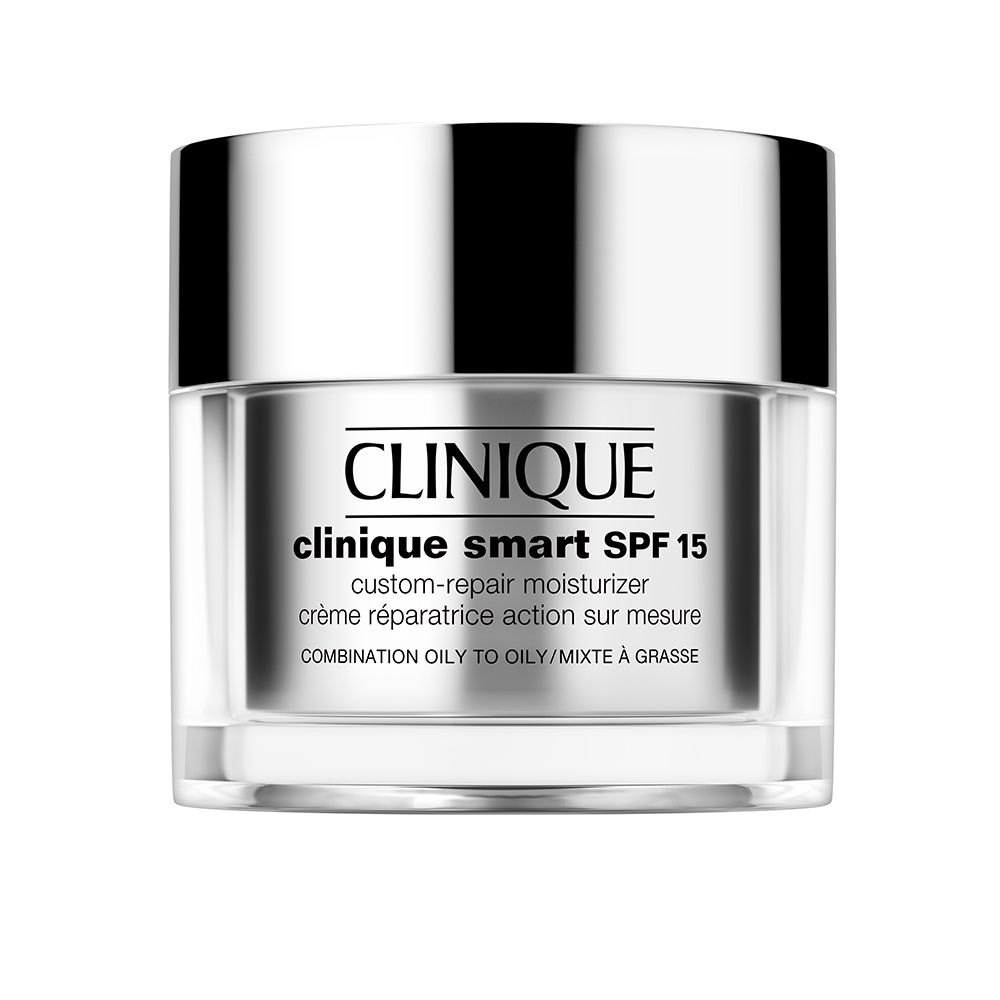 Crèmepot met deksel. Opschrift: CLINIQUE, smart SPF 15. Tekst: custom-repair moisturizer. Voor de vette huid.