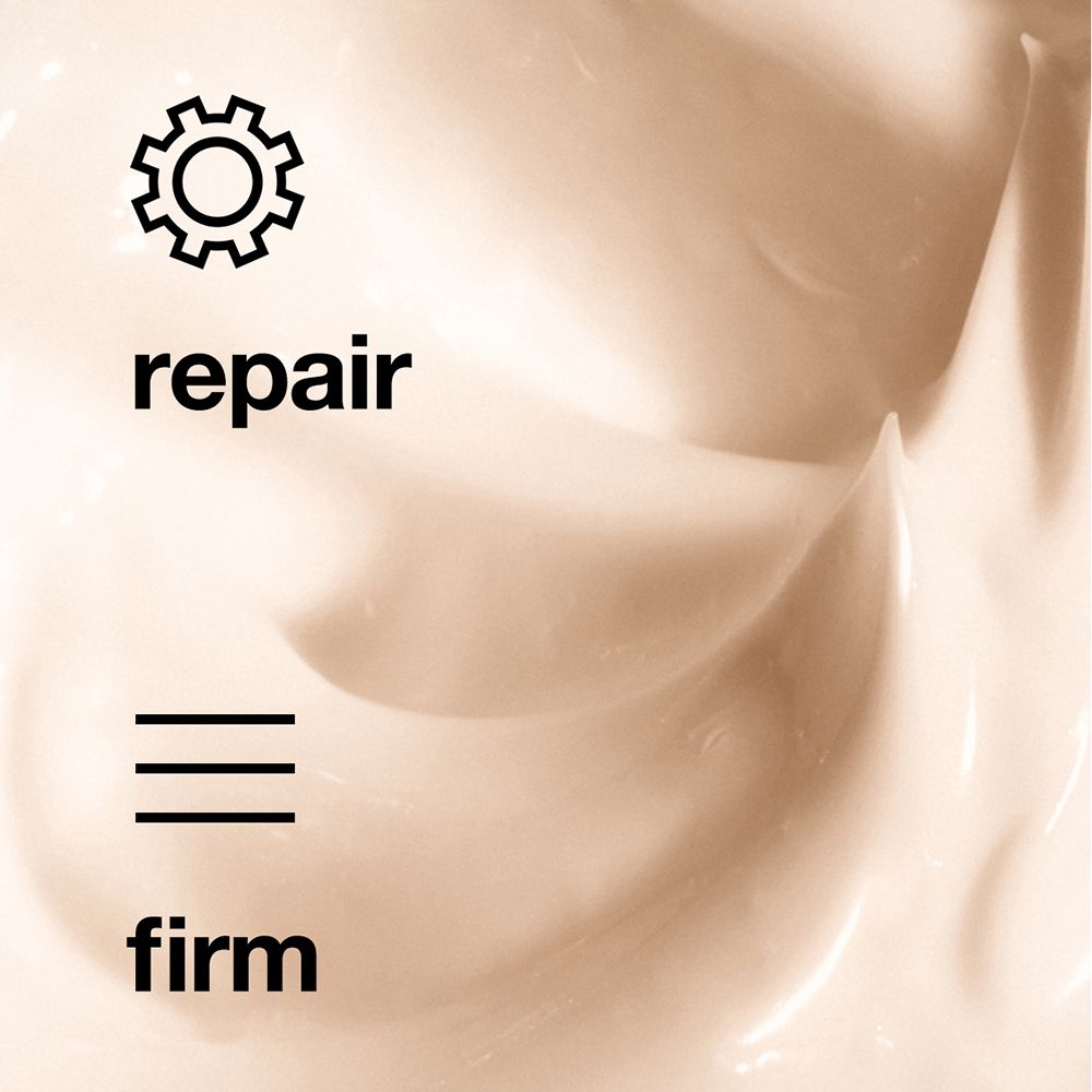 Close-up van crème. Symbolen: tandwiel (repair), drie horizontale lijnen (firm). Crèmetextuur.