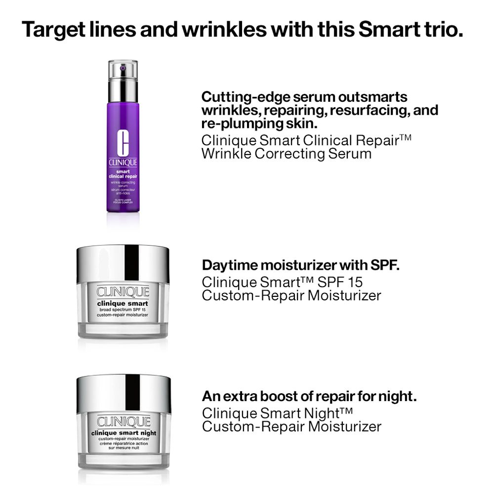 Drie producten: serum, dagcrème, nachtcrème. Tekst: CLINIQUE Smart Clinical Repair, Smart SPF 15, Smart Night.